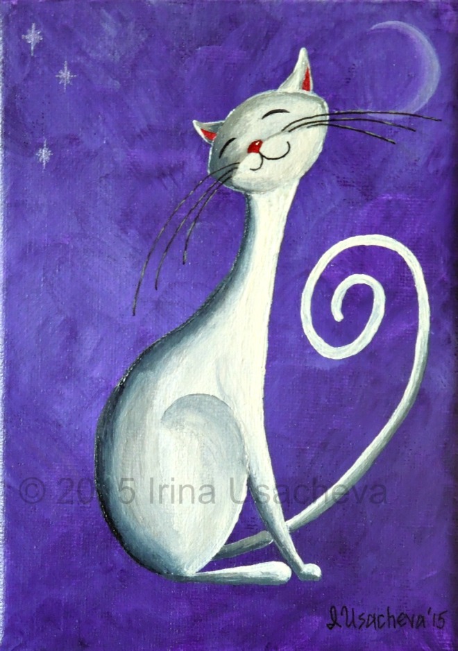 "White Cat at Night" Size : 18 cm x 13 cm; approx 7" x 5" Medium : Acrylic paints Material : canvas