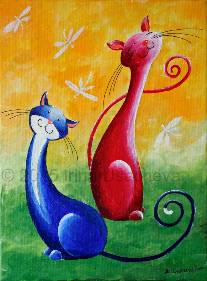 "Cats with Dragonflies" Size : 22.5cm x 30.5cm; approx 9"x12" Medium : Acrylic paints Material : canvas