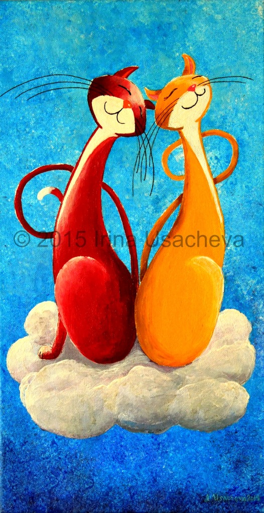 "Two Cats on Cloud Nine" Size :20 cm x 38 cm; approx 7.8" x 15" Medium : Acrylic paints Material : canvas